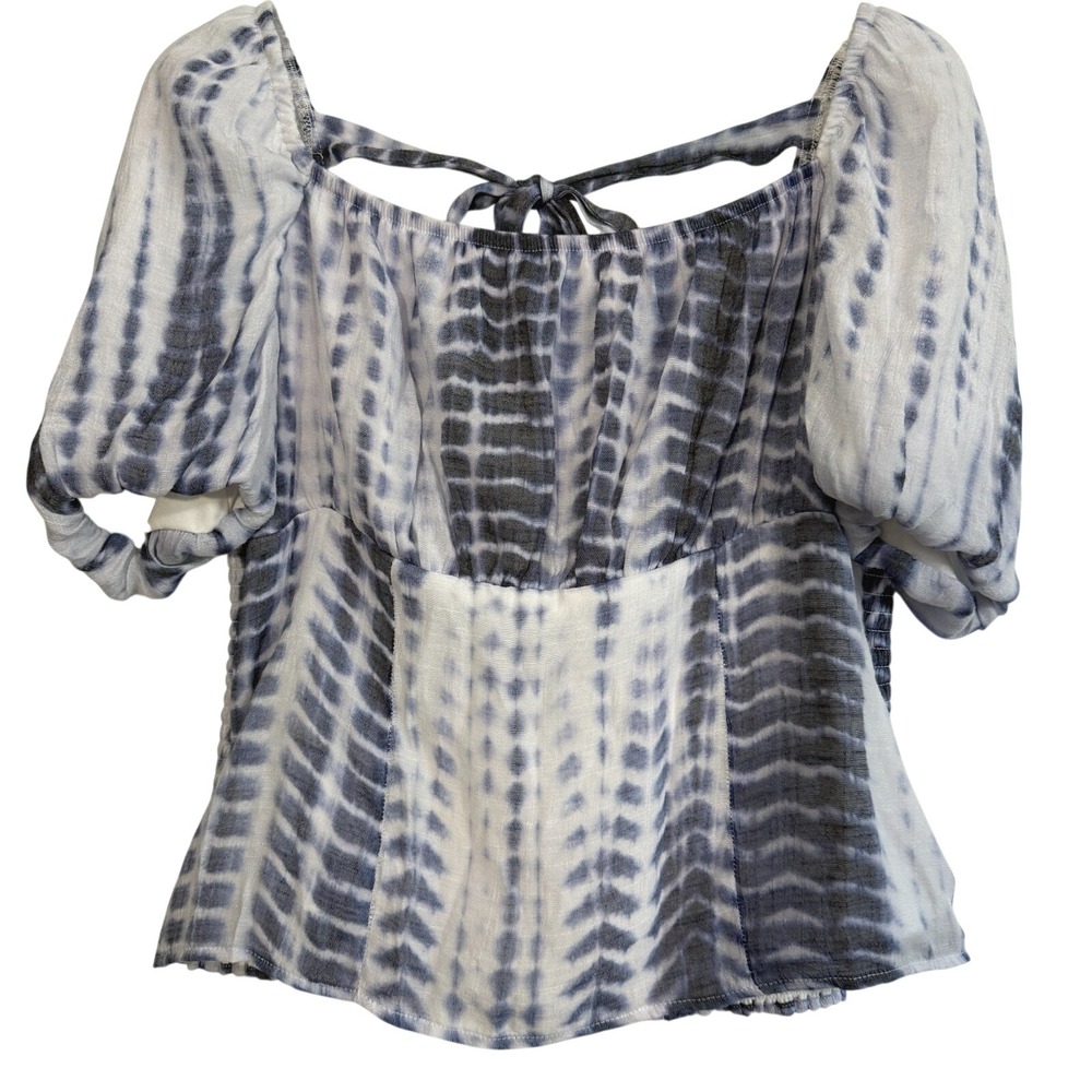 BCX Tie Dye Puff Sleeve Blouse Womens Size L Blue White Boho Smocked‎ Top